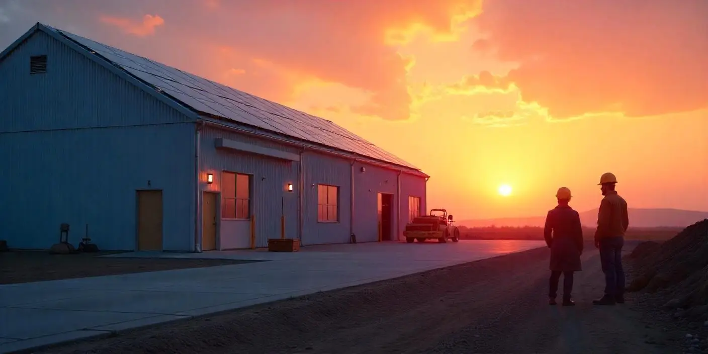 solar panels on industrial unit at sunset