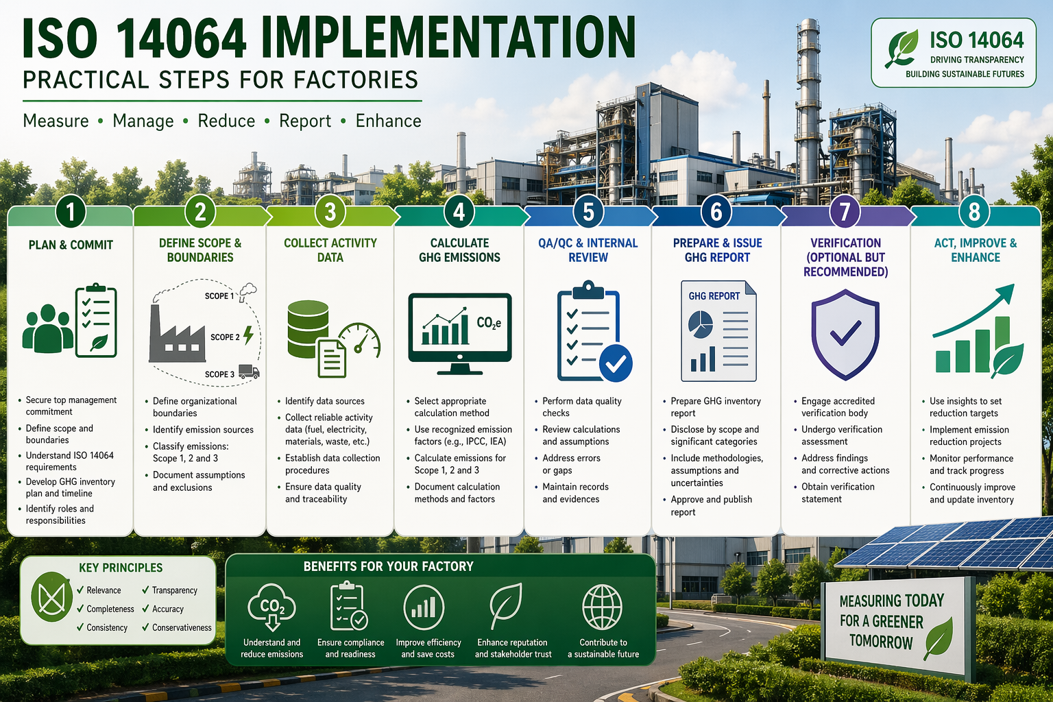 What are the practical steps for implementing ISO 14046 for factories, and how do you integrate it with other carbon and energy schemes?