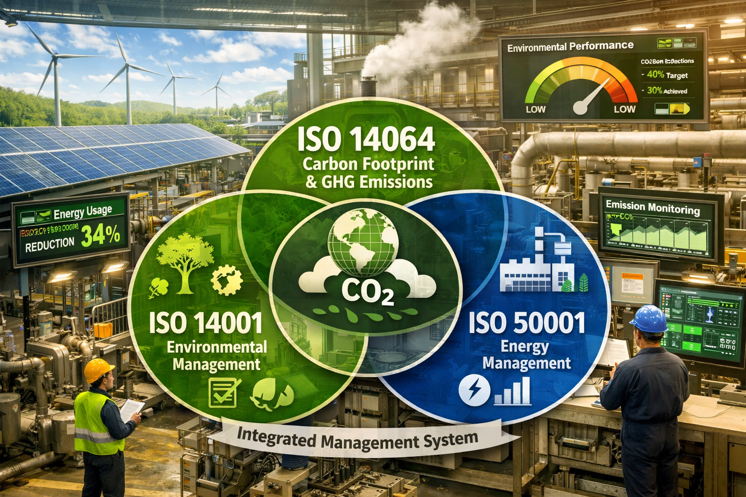 In a factory environment ISO 14064 is most effective when integrated with ISO 14001 and ISO 50001 to reduce greenhouse gas emissions.