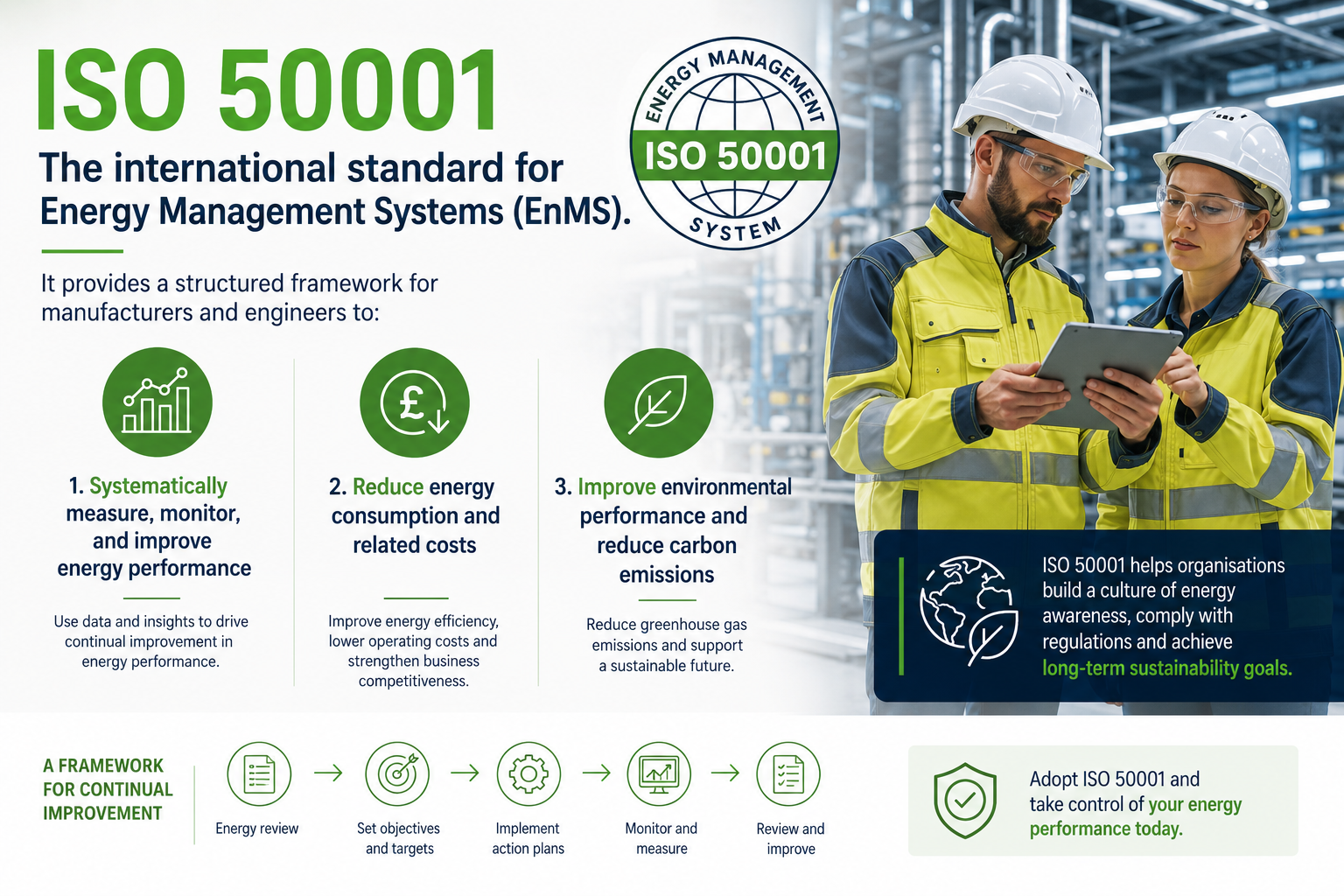 ISO 50001 focuses specifically on energy, making it the most financially impactful standard for energy intensive factories