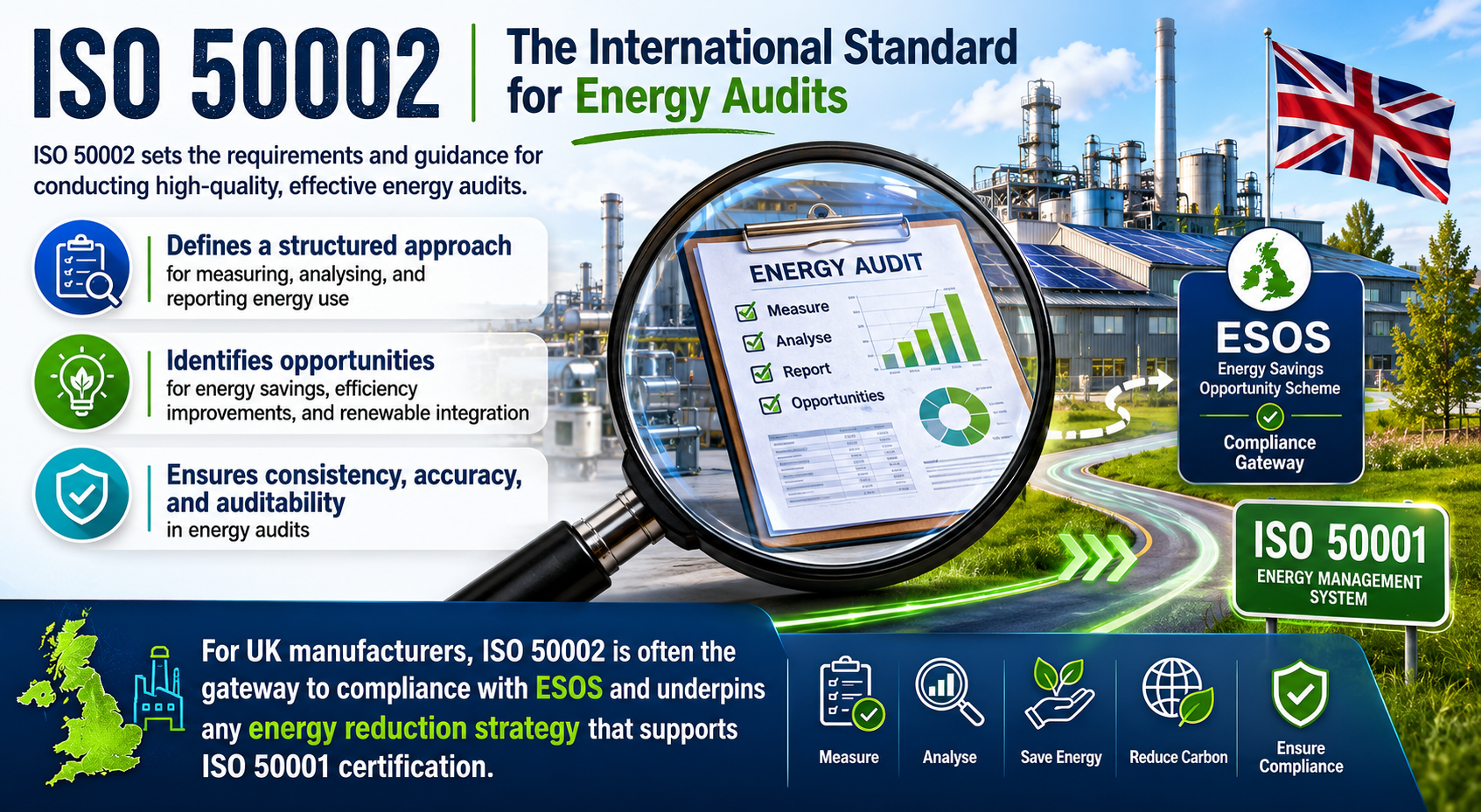 For UK manufacturers and engineers, ISO 50002 is often the gateway to compliance with ESOS (Energy Savings Opportunity Scheme)