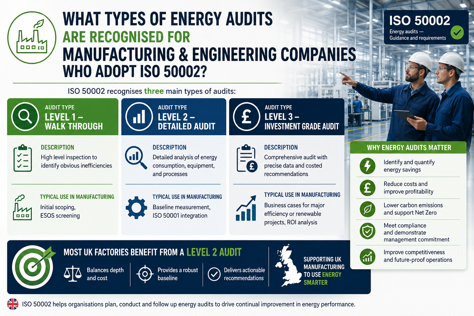 Here are the types of energy audits recognised for manufacturing and engineering companies who adopt ISO 50002