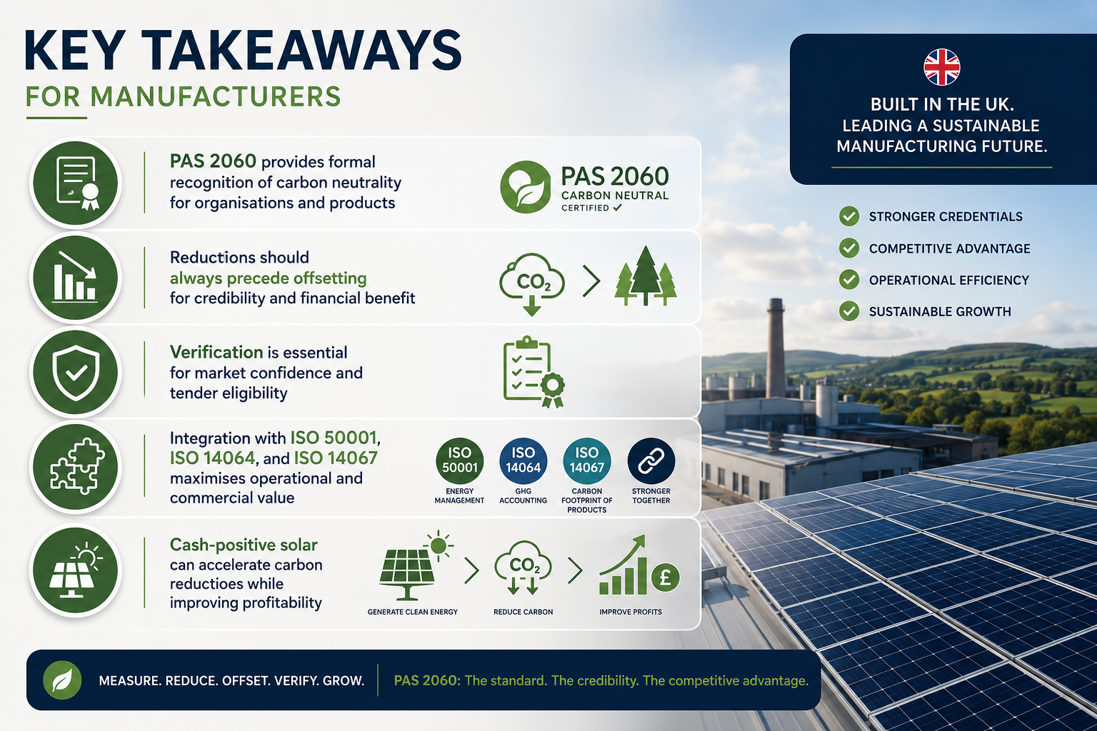 How does PAS 2060 support on-site solar and carbon neutrality for manufacturing and engineering companies?
