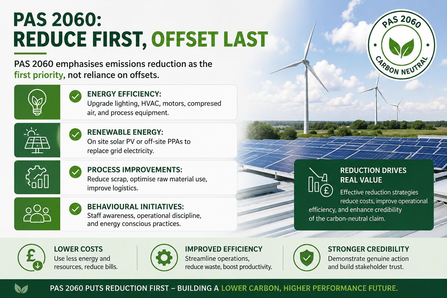 Effective reduction strategies for emissions reduce costs, improve operational efficiency, and enhance credibility of the carbon-neutral claim