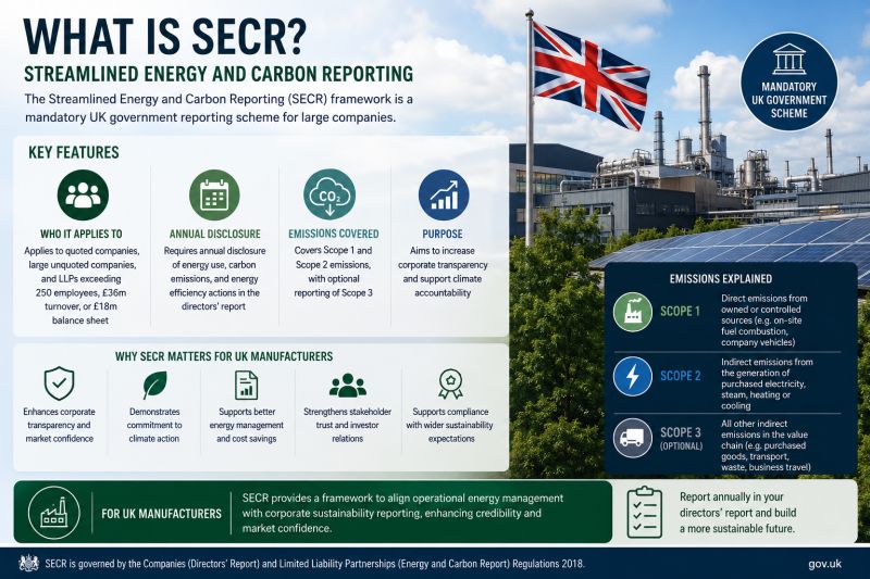 The Streamlined Energy and Carbon Reporting framework (SECR) is a mandatory UK government reporting scheme for large companies