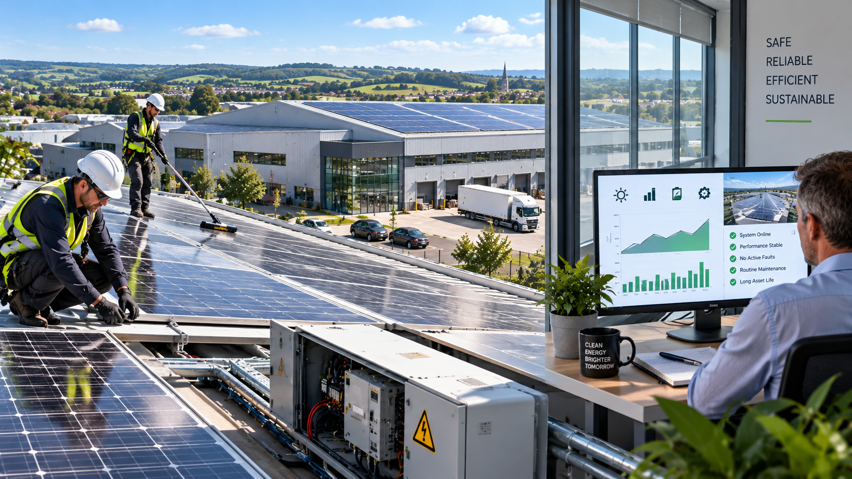 Technicians maintaining rooftop commercial solar panels on a UK factory while system performance is remotely monitored
