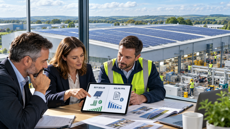 UK factory directors comparing outright commercial solar purchase with an onsite solar PPA while rooftop panels generate electricity