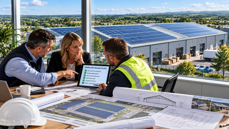 UK factory rooftop solar project team reviewing planning, structural and grid connection requirements