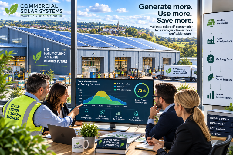 UK factory with rooftop commercial solar panels illustrating factory solar self-consumption