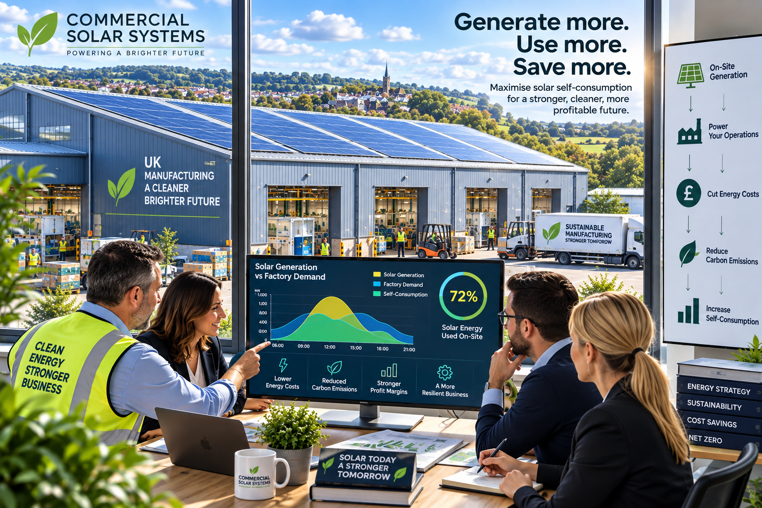 UK factory with rooftop commercial solar panels illustrating factory solar self-consumption