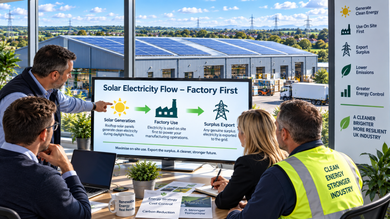 UK factory with rooftop commercial solar showing surplus solar electricity exported to the grid