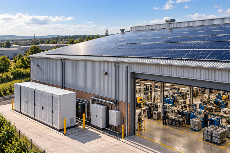 UK factory with rooftop solar panels and commercial battery storage