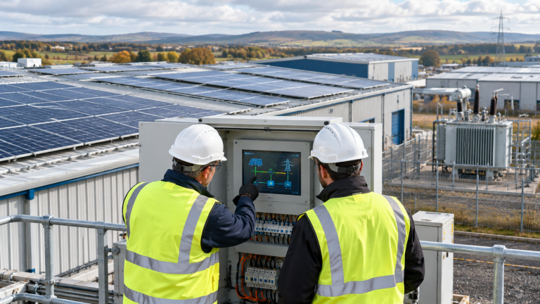 Engineers reviewing solar export limitation controls beside a UK manufacturing factory with rooftop solar panels