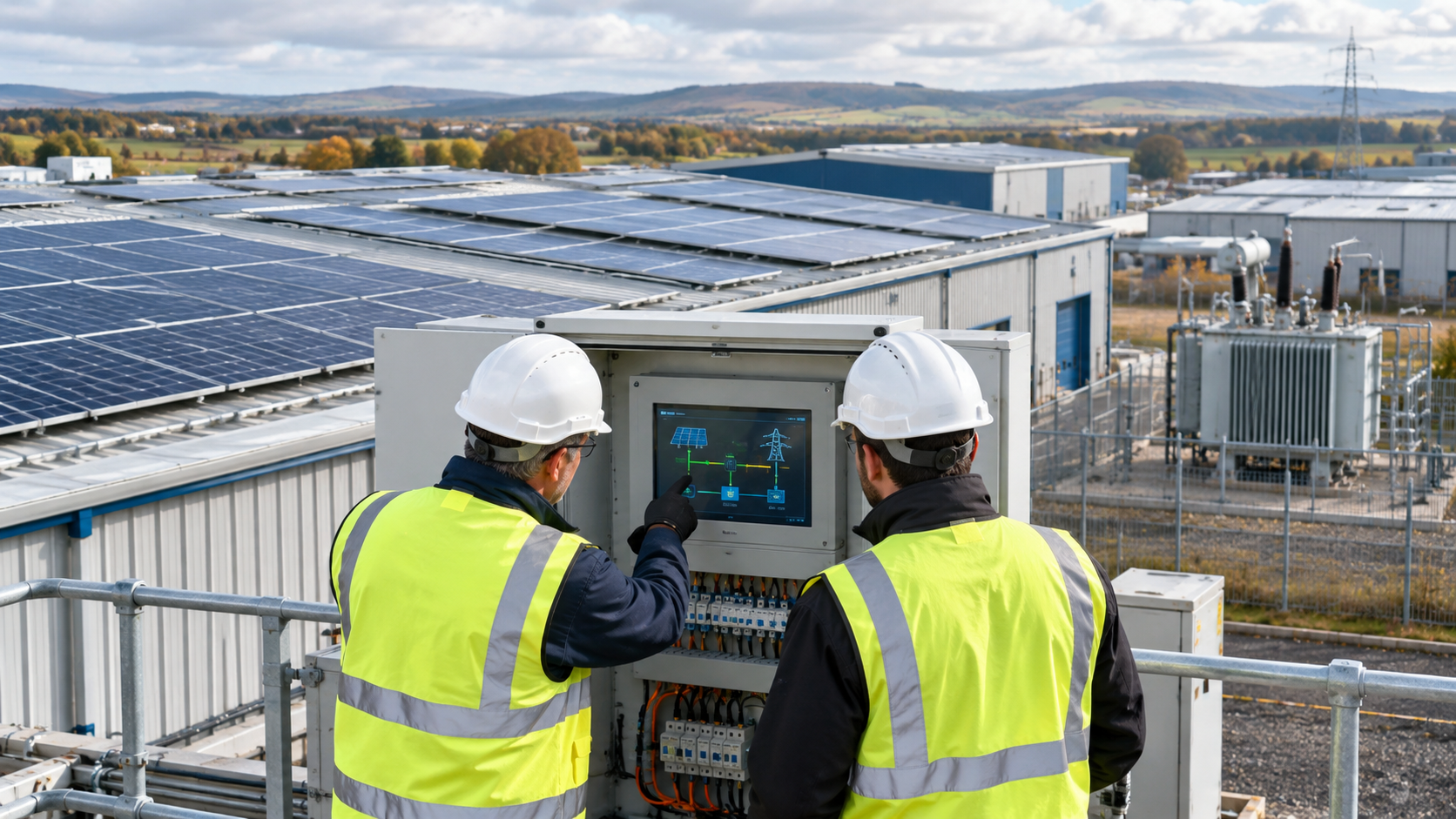 Engineers reviewing solar export limitation controls beside a UK manufacturing factory with rooftop solar panels