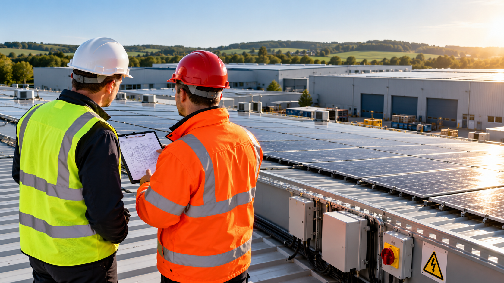 UK factory rooftop solar panels undergoing fire safety and electrical inspection by two engineers