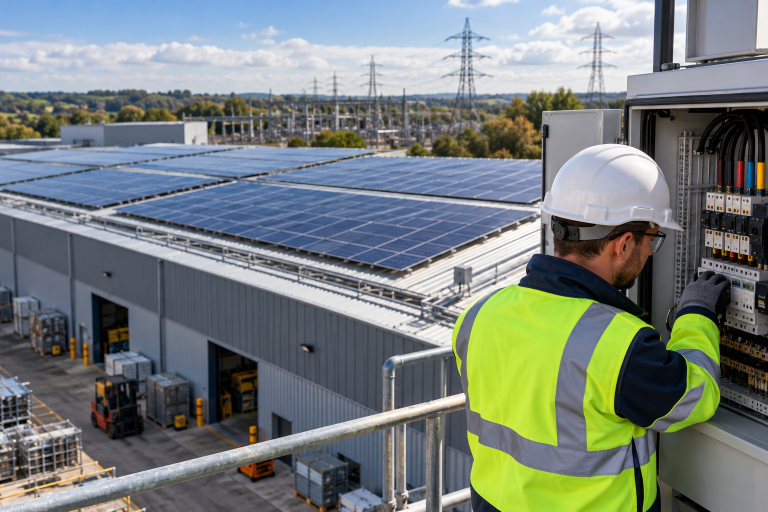 UK factory rooftop solar installation with engineer assessing grid connection and DNO requirements