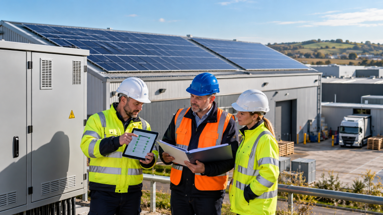 Electrical engineers and factory facilities manager reviewing solar commissioning tests and handover documents outside a UK factory with rooftop solar panels
