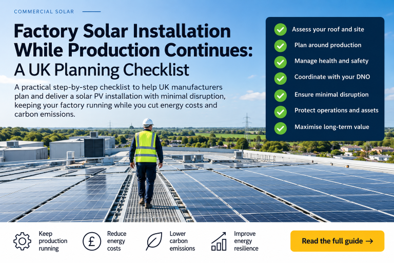 Solar panels on a UK factory roof during a planned installation