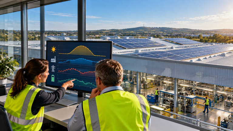 UK factory energy managers analysing solar generation, electricity imports and savings with rooftop solar panels visible