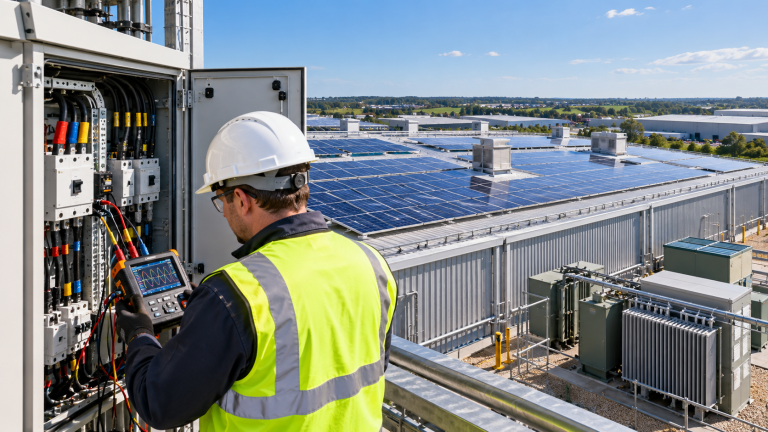 Electrical engineer assessing power quality at a UK factory with rooftop solar panels