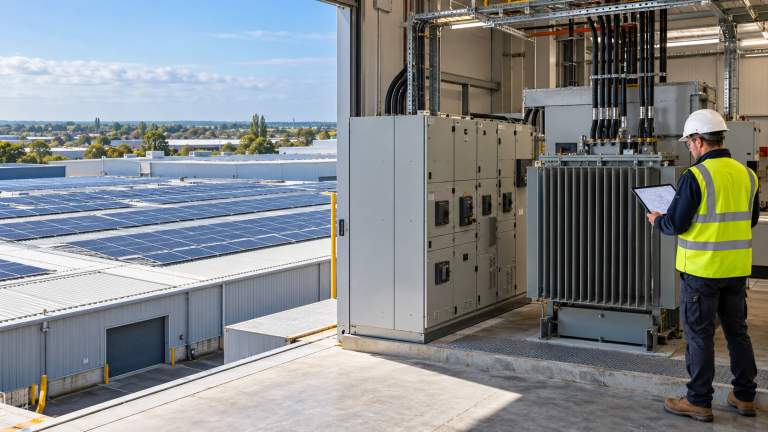 UK factory rooftop solar panels alongside transformer and low-voltage electrical switchgear inspected by an engineer