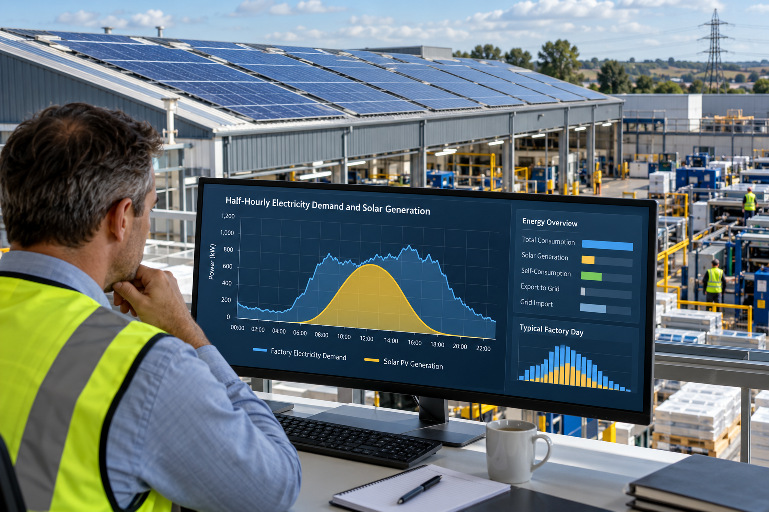 UK factory solar sizing using half-hourly electricity demand data